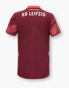 HtXO7qqAqWCNLNu | UAE SPORT STORE Back view of a maroon RB Leipzig soccer jersey; white 'RB LEIPZIG' text across the upper back, orange collar, red patterned sleeves.