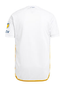 I2ByKfs8kR8mvHv | UAE SPORT STORE Back view of a white athletic jersey with yellow trim along the hem and a blue-and-yellow sleeve patch on the left sleeve.