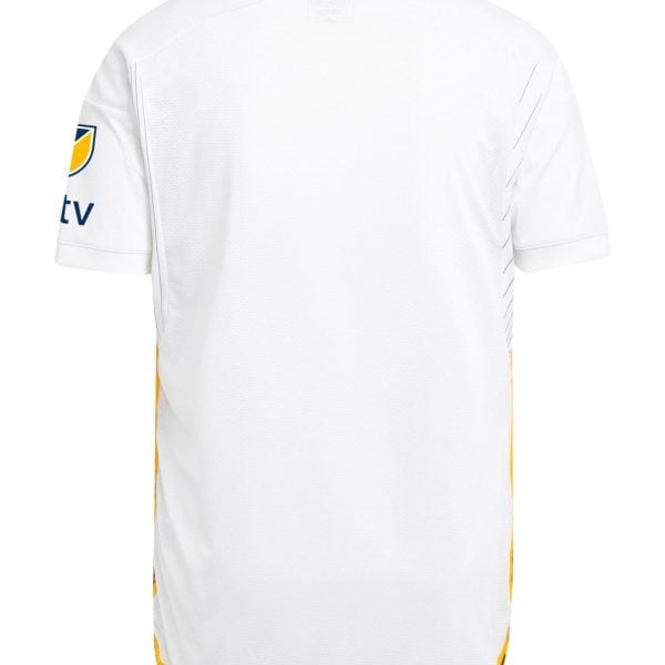 Back view of a white athletic jersey with yellow trim along the hem and a blue-and-yellow sleeve patch on the left sleeve.
