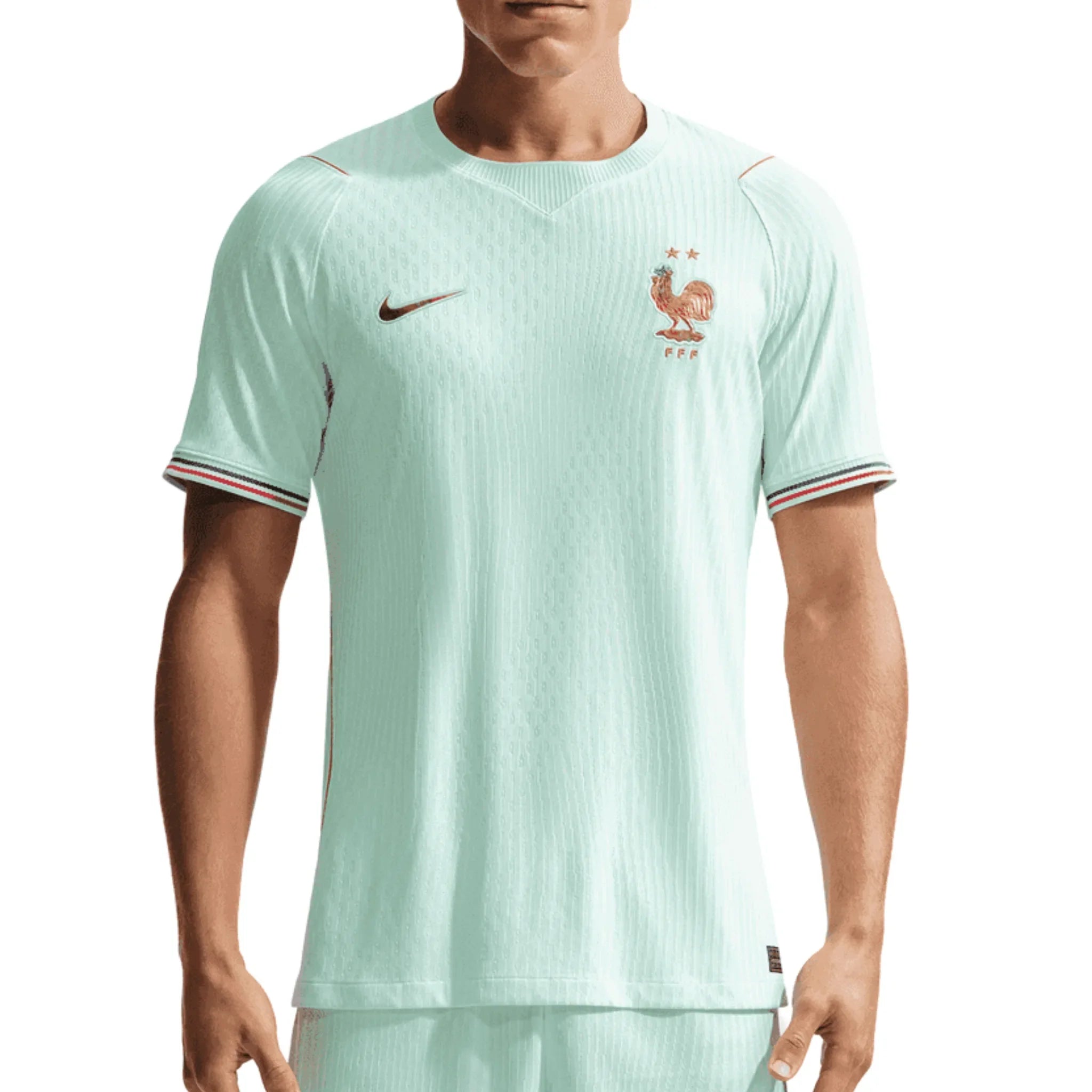 IB5200-394 | UAE SPORT STORE Man wearing a light mint France national football team jersey with Nike logo and rooster crest on the chest