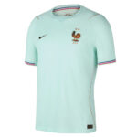 Light mint France national team soccer jersey with Nike swoosh, rooster crest and two stars, and blue-red-white trim on sleeves/neck.