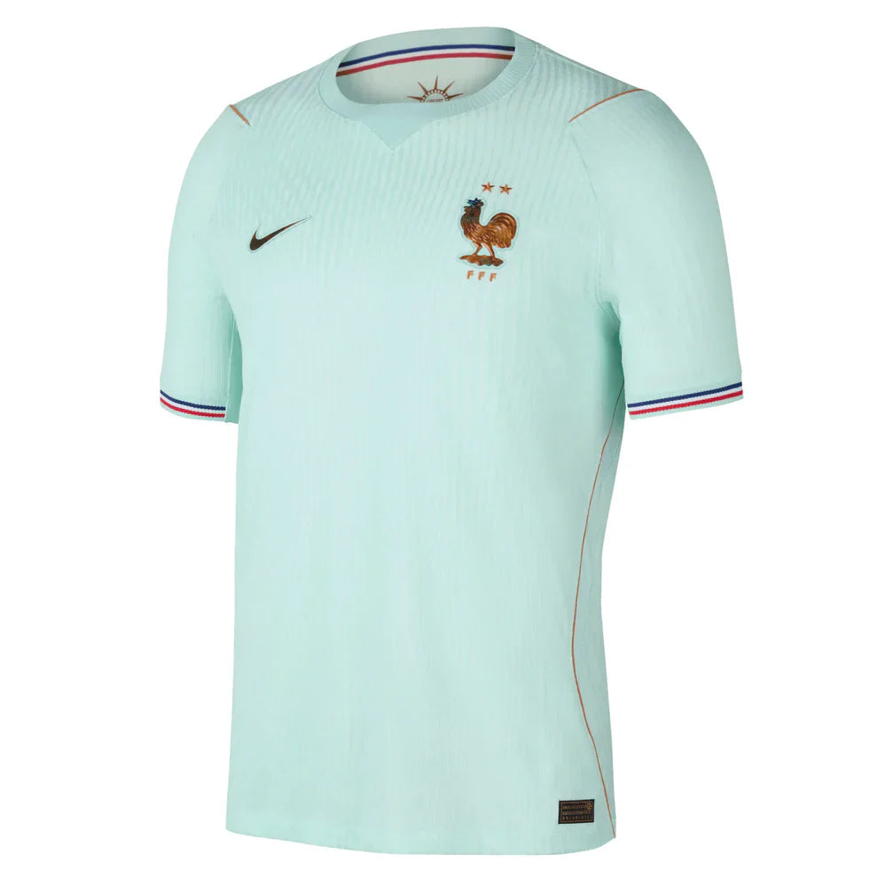 IB5200-394_5_2be3f02a-2f17-4f98-8607-4b46ccf67c93 | UAE SPORT STORE Light mint France national team soccer jersey with Nike swoosh, rooster crest and two stars, and blue-red-white trim on sleeves/neck.