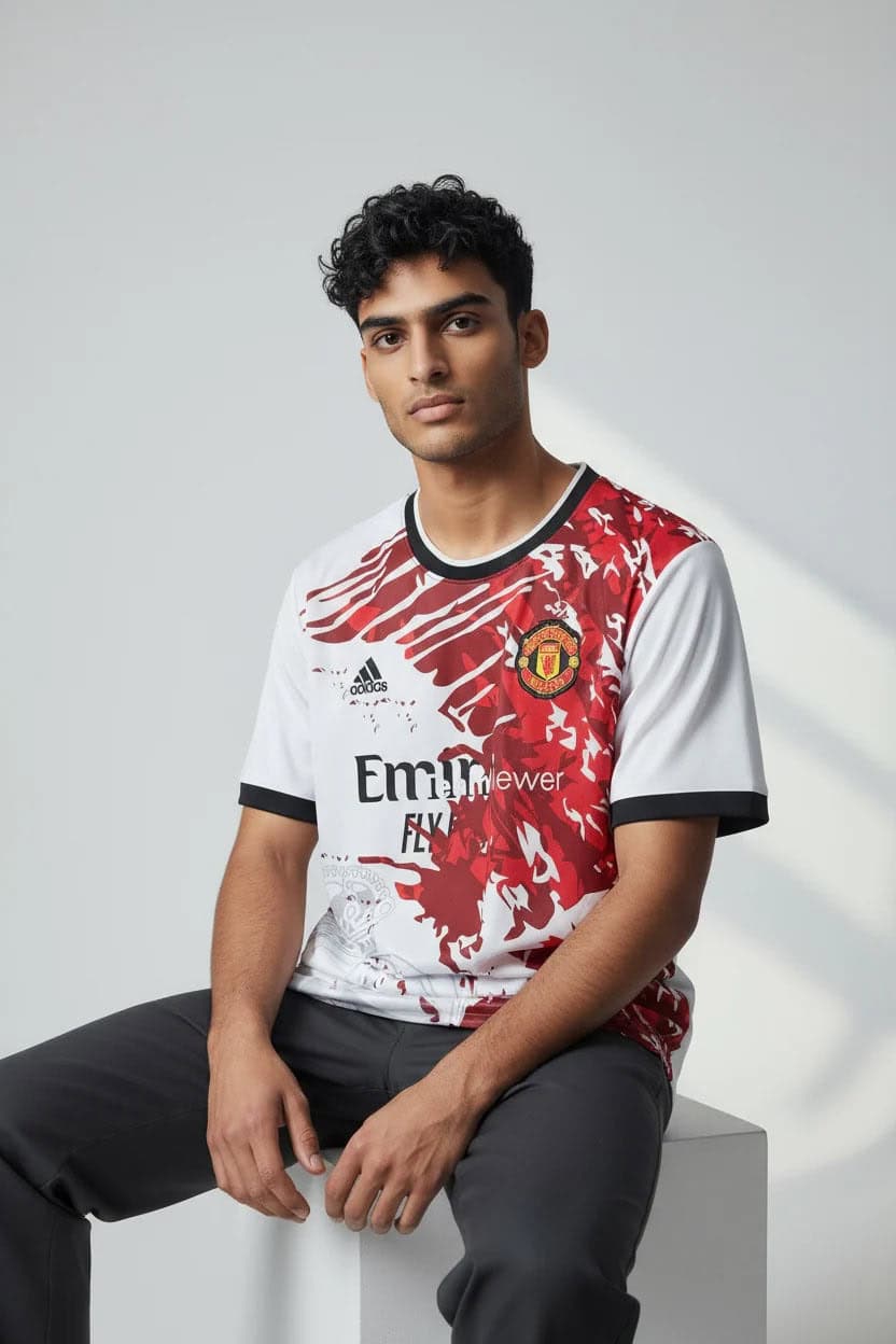 IMG-1533_900x_cf6ddf55-6dd4-4f3a-bdd4-7bc841f0dba5 | UAE SPORT STORE Portrait of a young man wearing a white and red Manchester United jersey with black trim, seated against a light gray background.