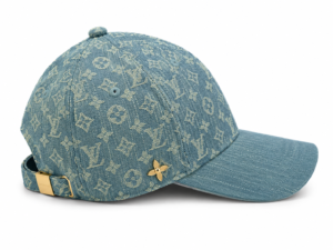 IMG-2053 | UAE SPORT STORE Denim cap with Louis Vuitton monogram pattern, gold back strap buckle, and small gold flower pin edge detail.
