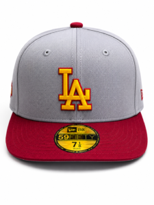 Gray fitted baseball cap with red brim and yellow LA logo embroidered on the front, New Era 59FIFTY style
