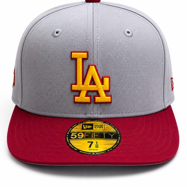 Gray fitted baseball cap with red brim and yellow LA logo embroidered on the front, New Era 59FIFTY style