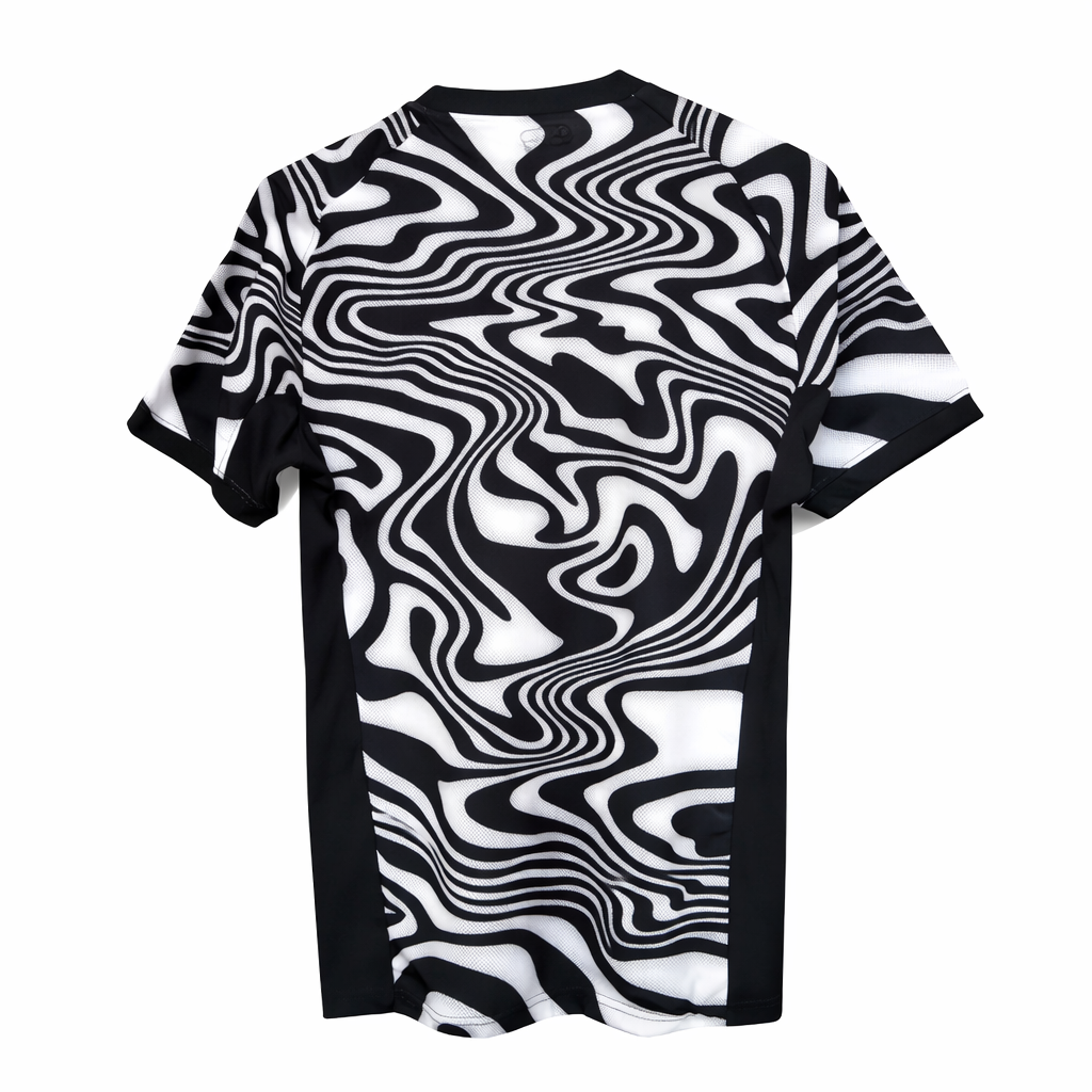 IMG-7432 | UAE SPORT STORE Black-and-white short-sleeve t-shirt with bold swirling optical pattern.