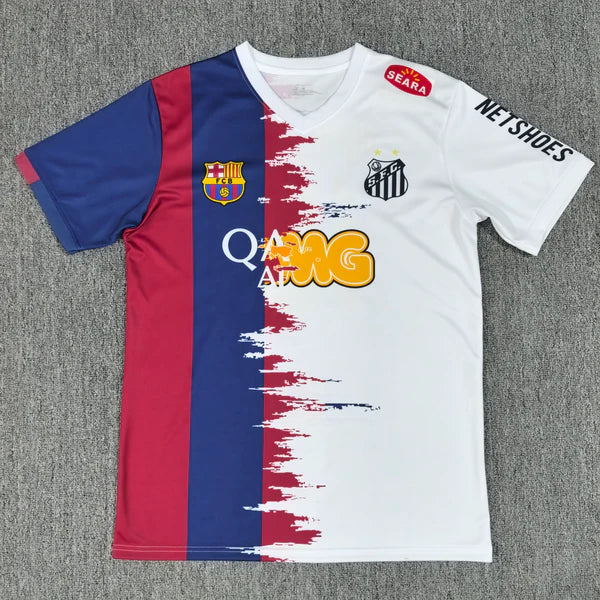 Soccer jersey laid flat with a burgundy-blue left panel and white right panel, featuring club crests on the chest and sponsor graphics across the chest, plus NET SHOES text on the sleeve.
