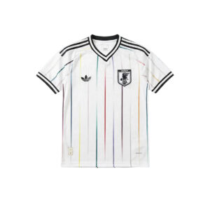 White Japan national team jersey with colorful vertical stripes and black Adidas logo on chest