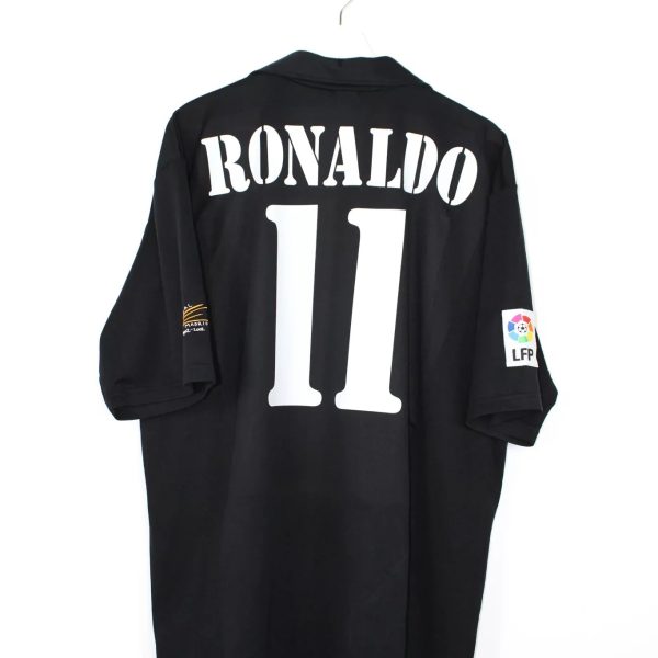 Black Ronaldo football jersey hanging on a metal hanger, shows name 'RONALDO' and number '11' on the back.
