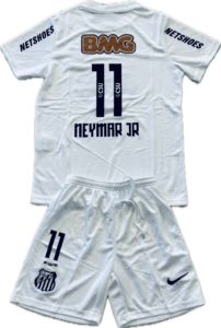 White soccer jersey laid flat showing the back: large navy number 11 and 'NEYMAR JR' text, with BMG logo above and NETSHOES on sleeves.