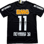 Black athletic jersey with 'NETSHOES' on both sleeves, an orange outlined 'BMG' logo on the chest, and white vertical strips down the front; tag at the collar.