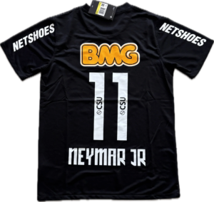 Black athletic jersey with 'NETSHOES' on both sleeves, an orange outlined 'BMG' logo on the chest, and white vertical strips down the front; tag at the collar.