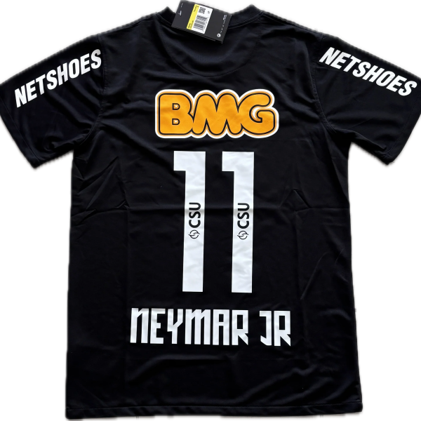 Black athletic jersey with 'NETSHOES' on both sleeves, an orange outlined 'BMG' logo on the chest, and white vertical strips down the front; tag at the collar.