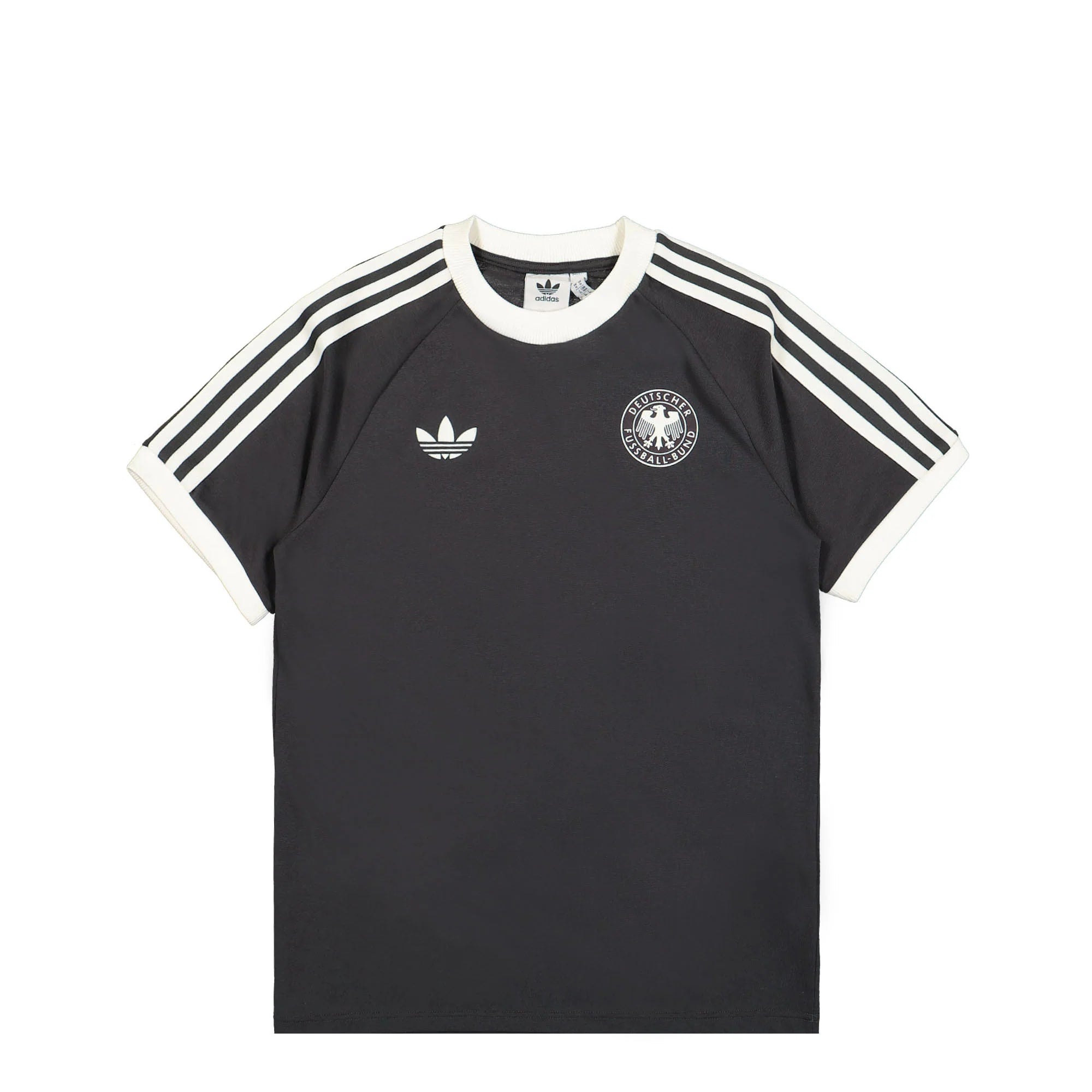 IU2103_1 Black Adidas sports shirt with white stripes along the sleeves and the German Football Association crest on the chest.