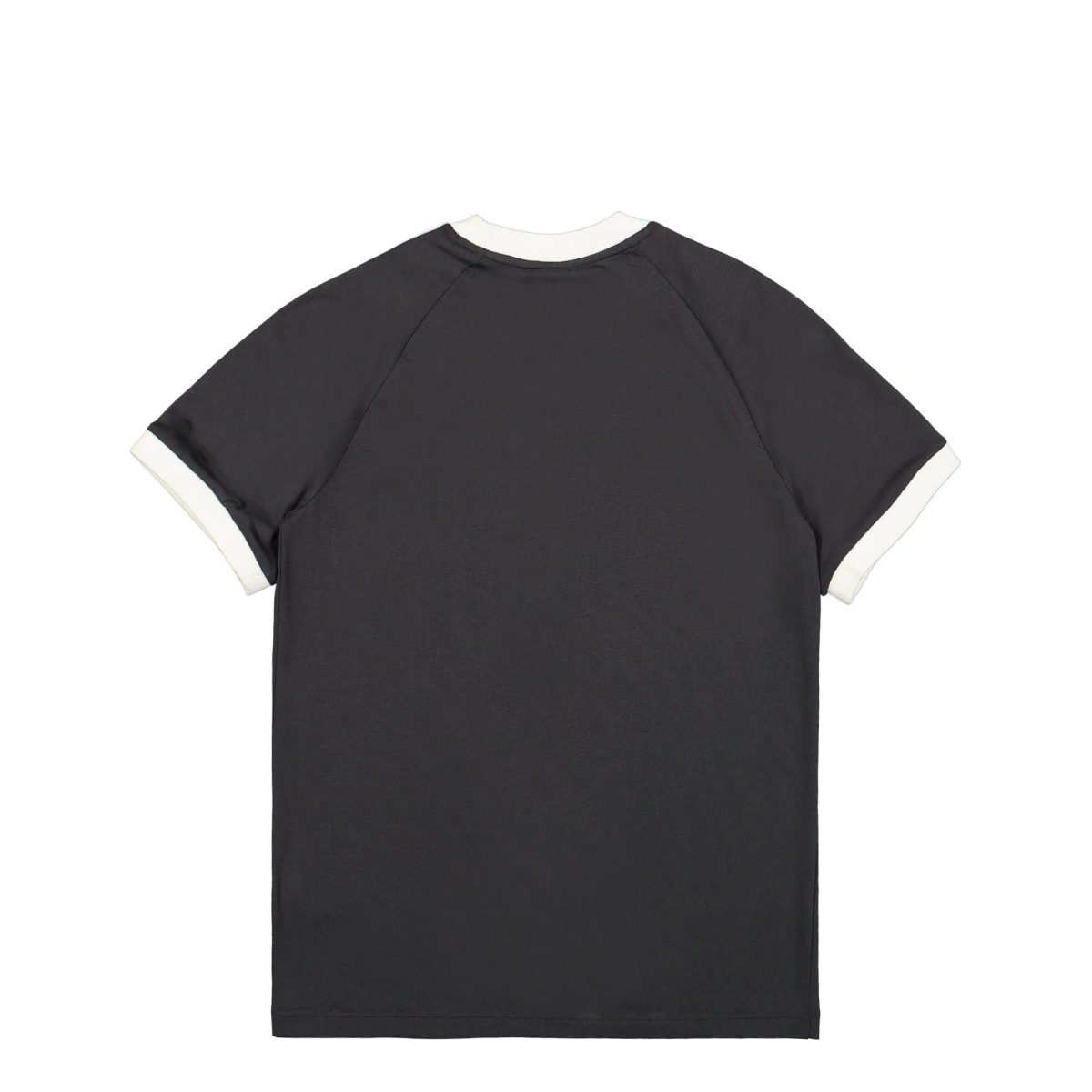 Front view of a black short-sleeve T-shirt with white ribbed collar and sleeve cuffs.