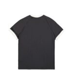 Front view of a black short-sleeve T-shirt with white ribbed collar and sleeve cuffs.