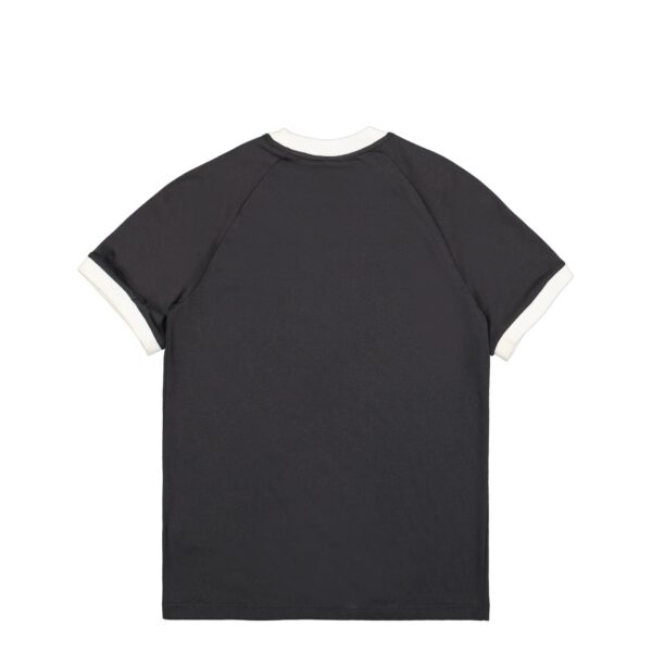 Front view of a black short-sleeve T-shirt with white ribbed collar and sleeve cuffs.
