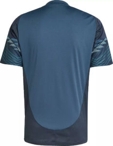 Back view of a blue athletic jersey with navy side panels and teal chevron pattern on the sleeves.