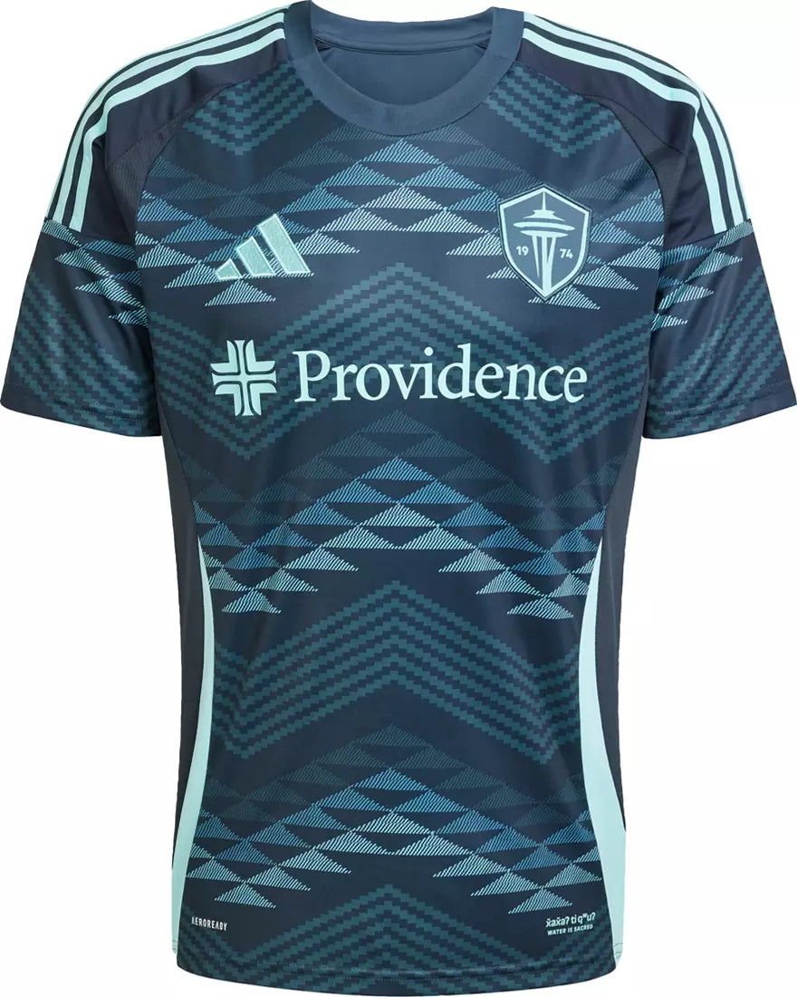 IV9915_Blue_FRT Dark blue soccer jersey with light teal geometric pattern, Providence sponsor across chest, Adidas-style stripes on shoulders, and a crest on the left chest.