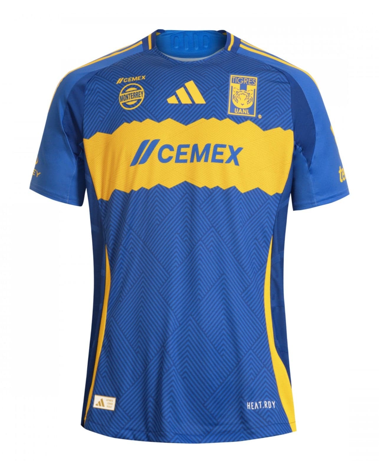 IYDfCROHAaMUANA | UAE SPORT STORE Blue and yellow Tigres UANL soccer jersey with CEMEX sponsor and zigzag geometric pattern (front view). It features the team crest and Adidas logo as seen on the chest.
