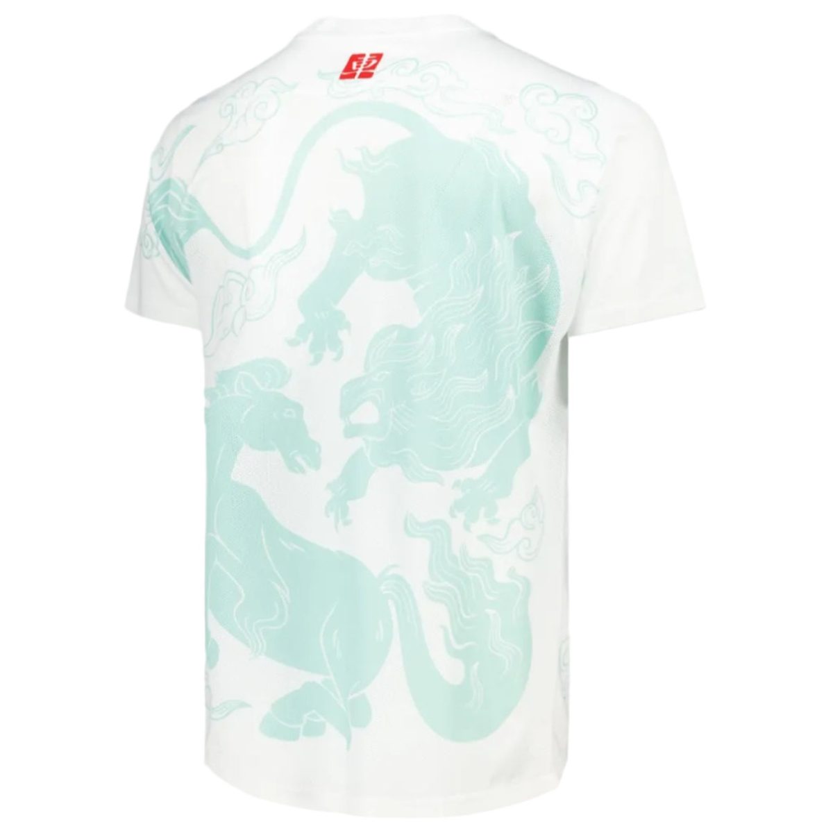White short-sleeve T-shirt featuring a large pale teal dragon graphic on the back, with a small red brand logo at the neckline