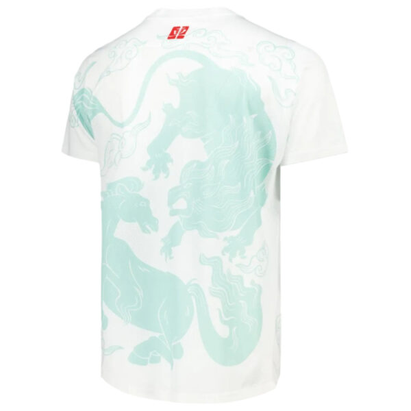 White short-sleeve T-shirt featuring a large pale teal dragon graphic on the back, with a small red brand logo at the neckline