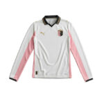 White football jersey with pink side panels, black/gold collar, and a crest on the left chest (Puma logo visible).