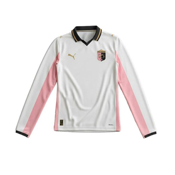 White football jersey with pink side panels, black/gold collar, and a crest on the left chest (Puma logo visible).