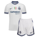 White soccer jersey with navy trim, Inter Milan crest, Italian flag badge, Nike swoosh, and betsson.sport sponsor; white shorts with navy trim and Inter crest.