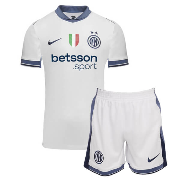 White soccer jersey with navy trim, Inter Milan crest, Italian flag badge, Nike swoosh, and betsson.sport sponsor; white shorts with navy trim and Inter crest.
