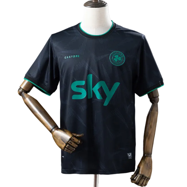 Dark navy soccer jersey on a mannequin, with teal 'sky' sponsor and club crest on chest.