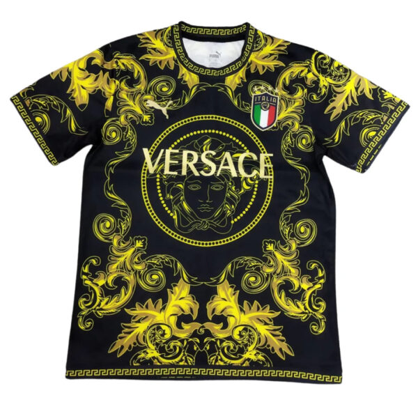 Black Versace T-shirt with a vivid yellow baroque pattern, Medusa emblem in a circle, and 'VERSACE' text across the chest.
