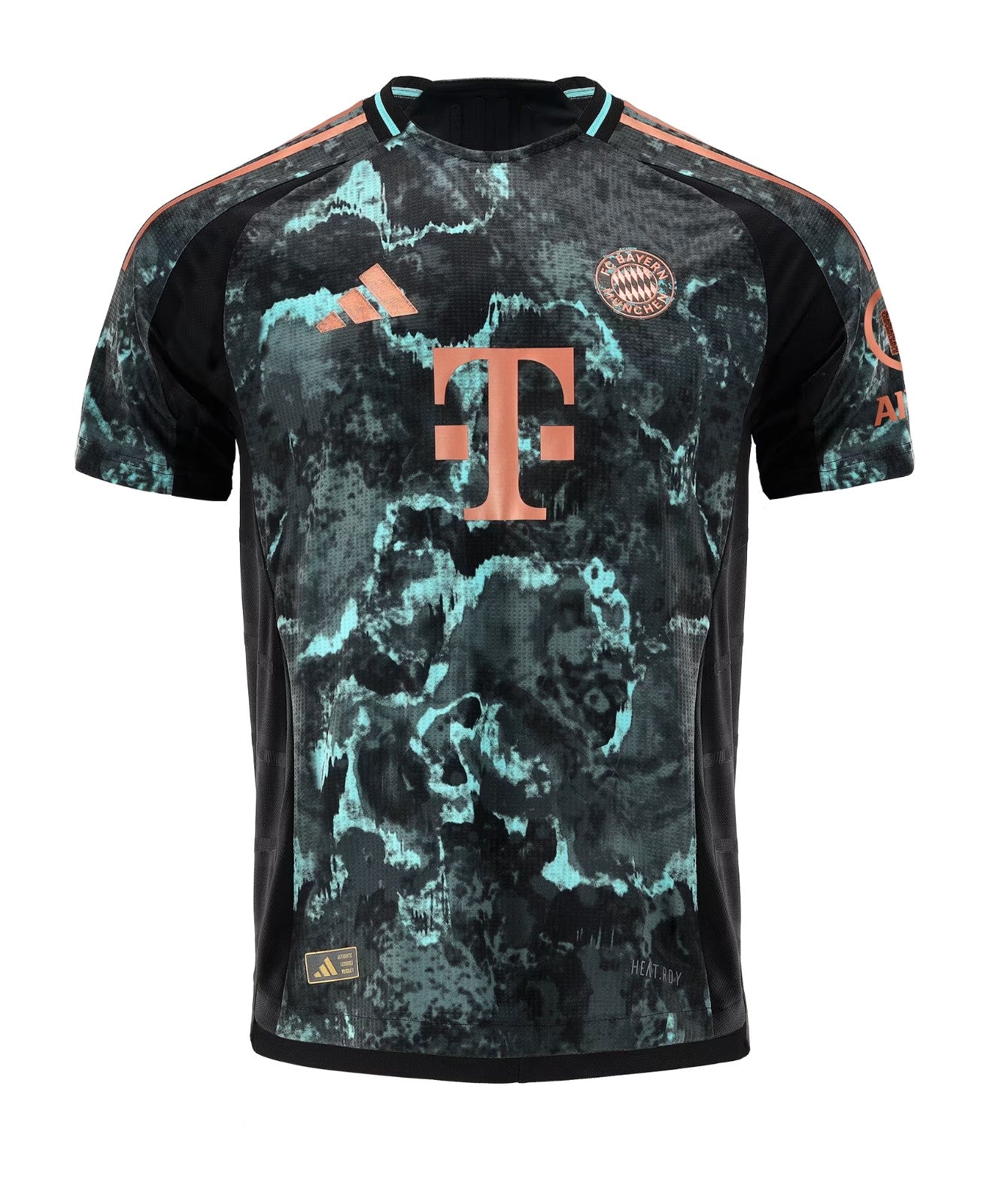 J0NMuJqBZpcbdN1 | UAE SPORT STORE Front view of a Bayern Munich soccer jersey with turquoise-black camo pattern, pink Adidas logo, and large pink T-Mobile sponsor on the chest.