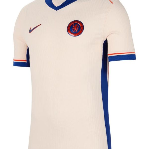 Cream Chelsea FC away jersey with blue V-neck collar, blue piping, and crest on the left chest; Nike swoosh on the right.