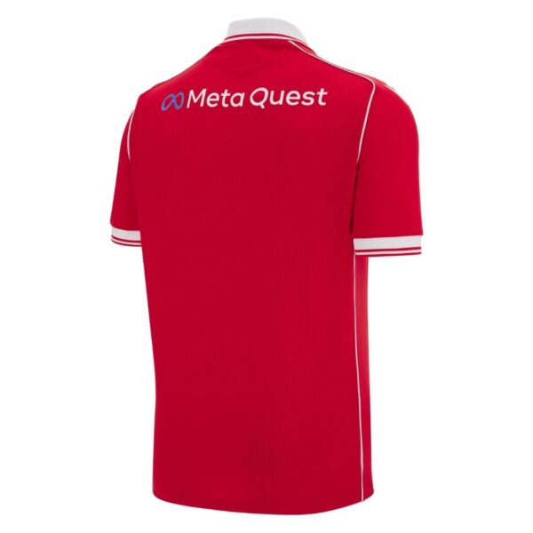Red polo shirt with white trim and Meta Quest logo on the back.