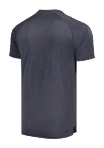 Back view of a dark gray short-sleeve shirt with a subtle geometric interlocking pattern and a yellow trim at the collar.