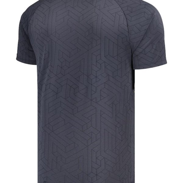 Back view of a dark gray short-sleeve shirt with a subtle geometric interlocking pattern and a yellow trim at the collar.