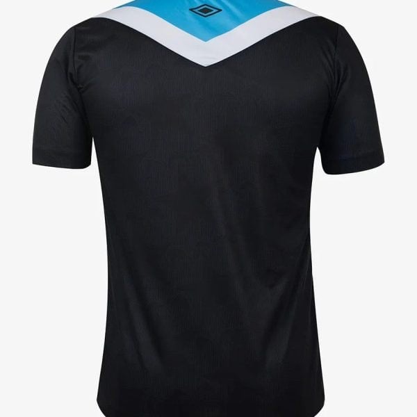 Backward view of a black short-sleeve athletic jersey with a blue chevron across the shoulders and a white stripe, featuring the Umbro logo at the top center.