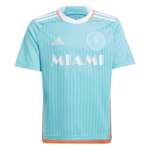 Light blue Miami soccer jersey with white stripes and orange trim, front view