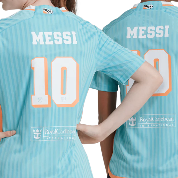 Two soccer players seen from behind in light-blue jerseys with 'MESSI' and numbers 10 and 20; sponsor logos appear on the lower back.