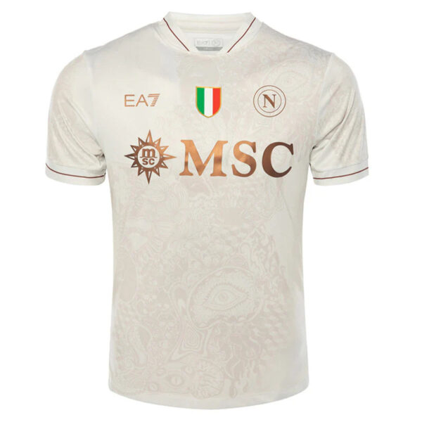 Front view of a white soccer jersey with copper-toned MSC logo across the chest and a small Italian flag shield above it.