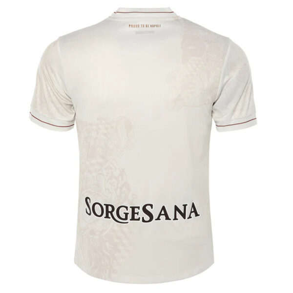 White short-sleeve football jersey, back view, with 'SORGESANA' sponsor text across the lower back and 'Proud to be Napoli' at the neck.
