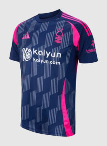 Navy blue soccer jersey with pink accents and a geometric pattern; Kaiyun sponsor text on the front and a team crest on the chest.