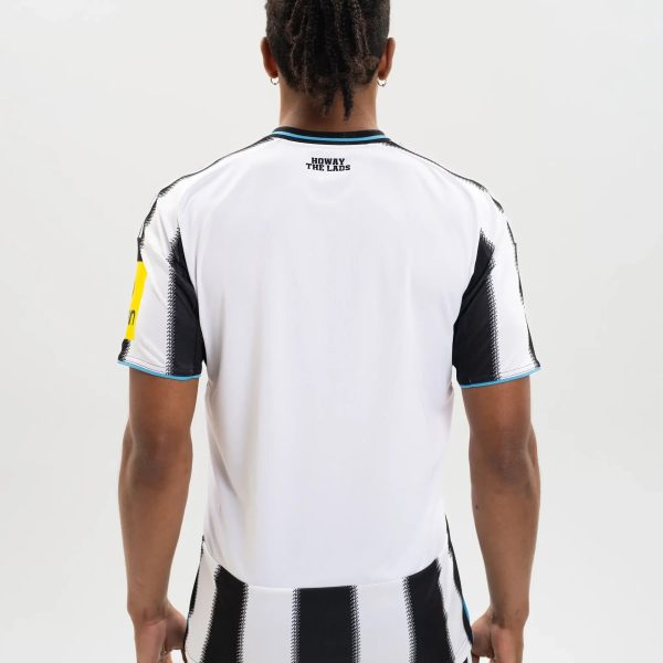 Back view of a person wearing a white sports jersey with black vertical stripes and blue trim; text at neck reads 'HOWAY THE LAIDS'.