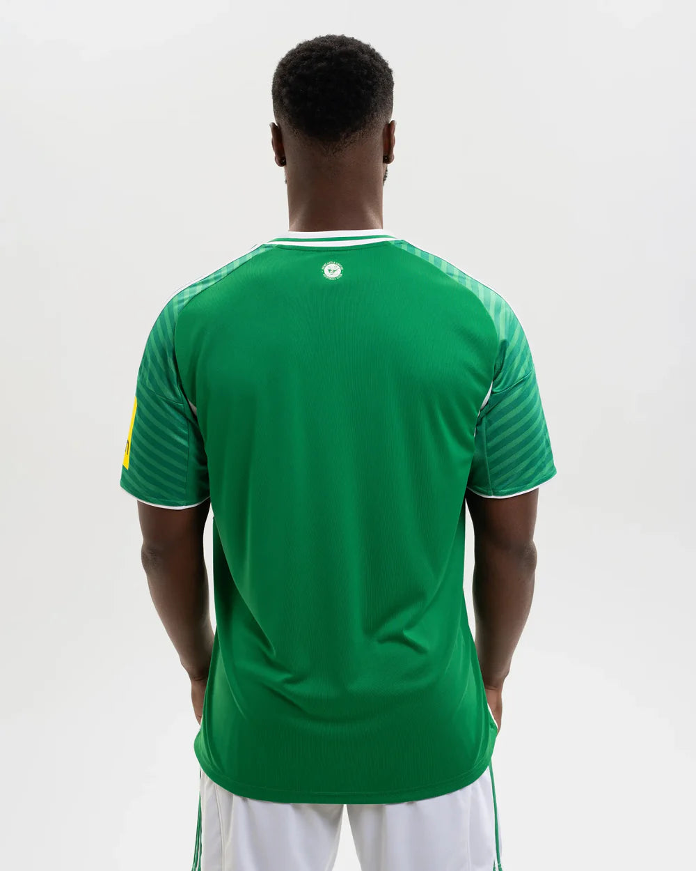 JJ2245_MOD_24 | UAE SPORT STORE Back view of a man in a green soccer jersey with white trim and striped sleeves, standing in white shorts.