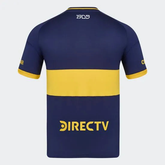 Back view of a blue and yellow DirecTV jersey with a wide yellow stripe and the DirecTV logo on the lower back.