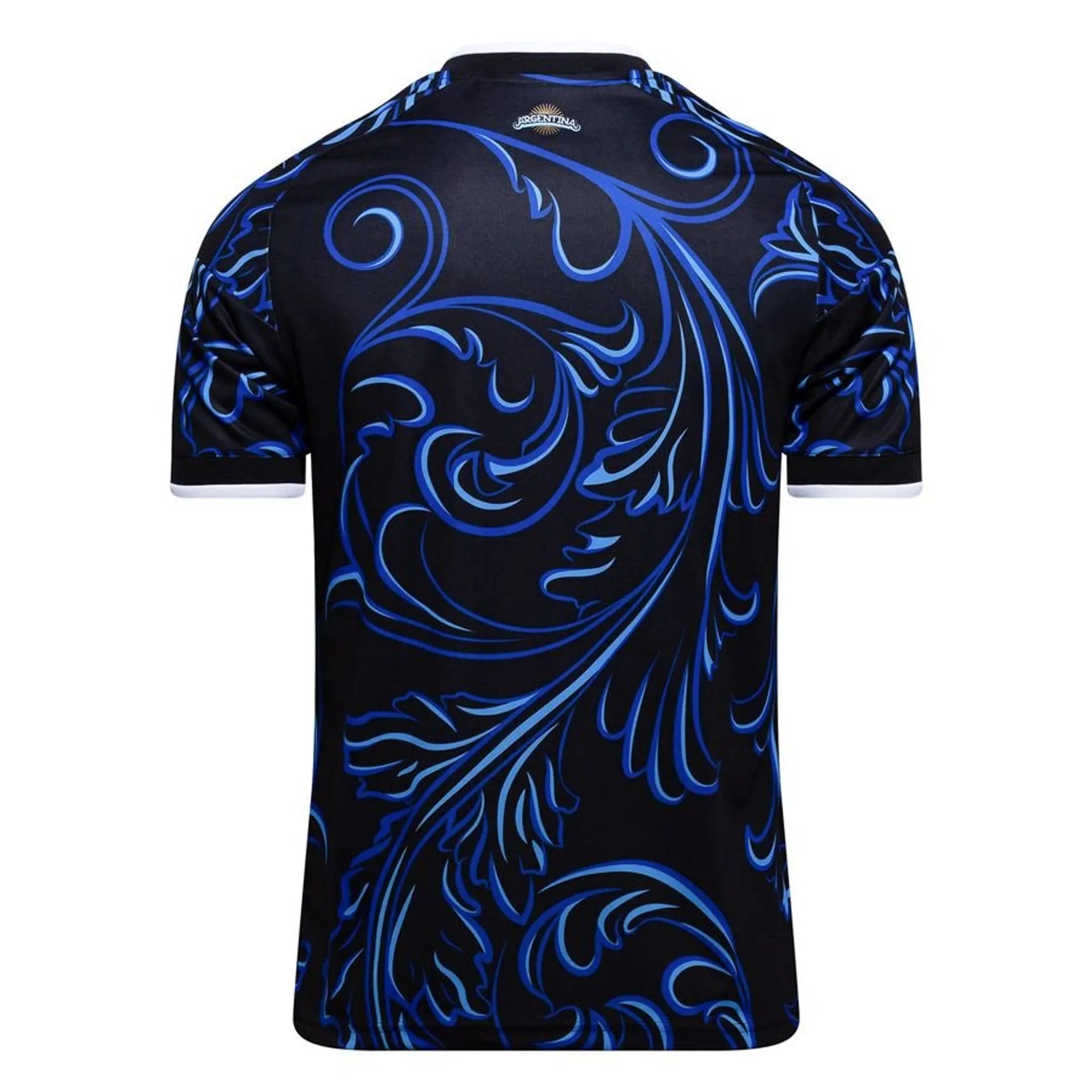 JM8395_3_APPAREL_Photography_Back20View_white | UAE SPORT STORE Back of a black jersey with bright blue swirling ornamental pattern and white-trim cuffs at the sleeves.