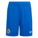 Blue Real Madrid football shorts with the club crest on the lower left and the Adidas logo on the lower right.