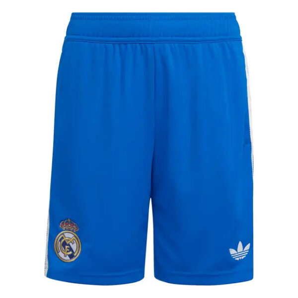 Blue Real Madrid football shorts with the club crest on the lower left and the Adidas logo on the lower right.
